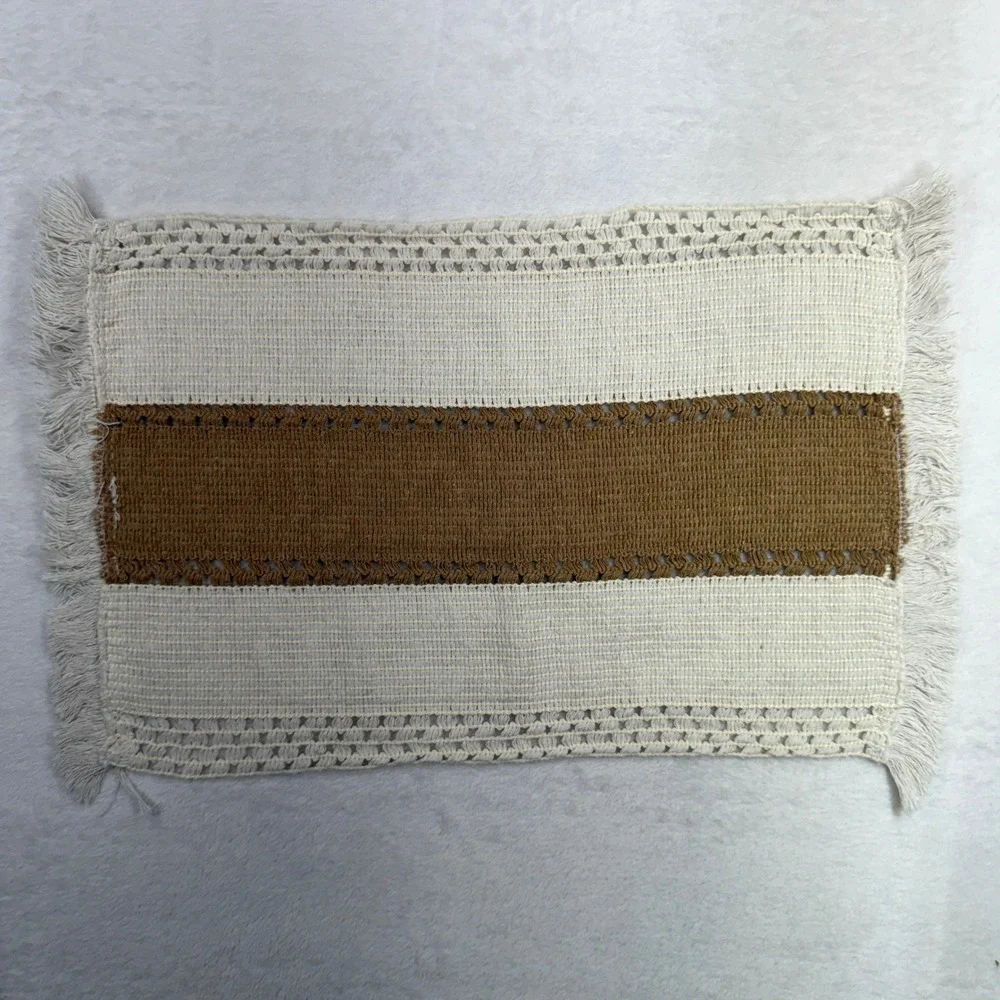 Boho Set of 6 Woven Placemats Crochet Fringe Farmhouse Cream Tan Neutral Beige